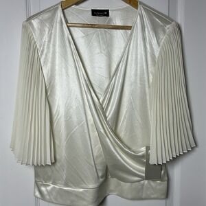 PAPERCO Ivory Pleated Sleeve Satin V-Neck Top Minimalist Feminine Polished Style